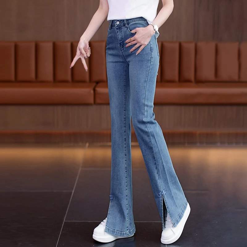 浅色开叉喇叭牛仔裤女2025春夏新款高腰弹力马蹄裤修身显瘦微喇裤