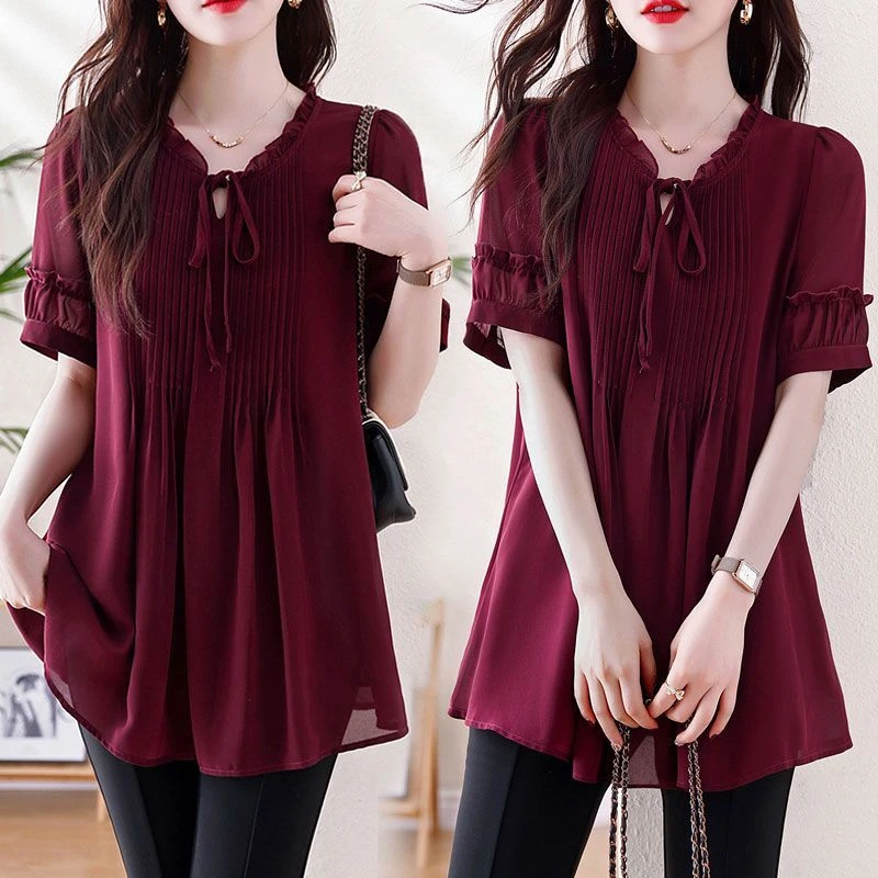酒红色雪纺衫女夏宽松大码女装加肥加大胖mm200斤中年妈妈装减龄