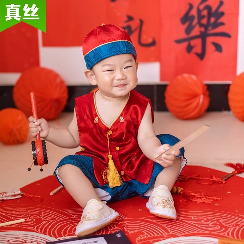 春秋百天男宝周岁宴礼服抓周服新中式汉服中国风无袖国潮百天宴服