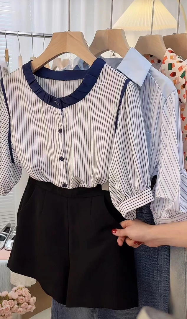 圆领拼色短袖条纹衬衫女2024夏季新款宽松显瘦休闲泡泡袖小衫