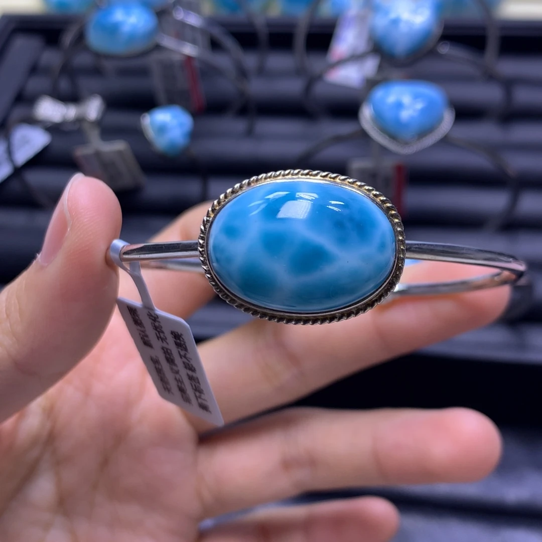 针钠钙石（海纹石）银S925镶嵌手镯（开口镯）蛋面手镯色差略异