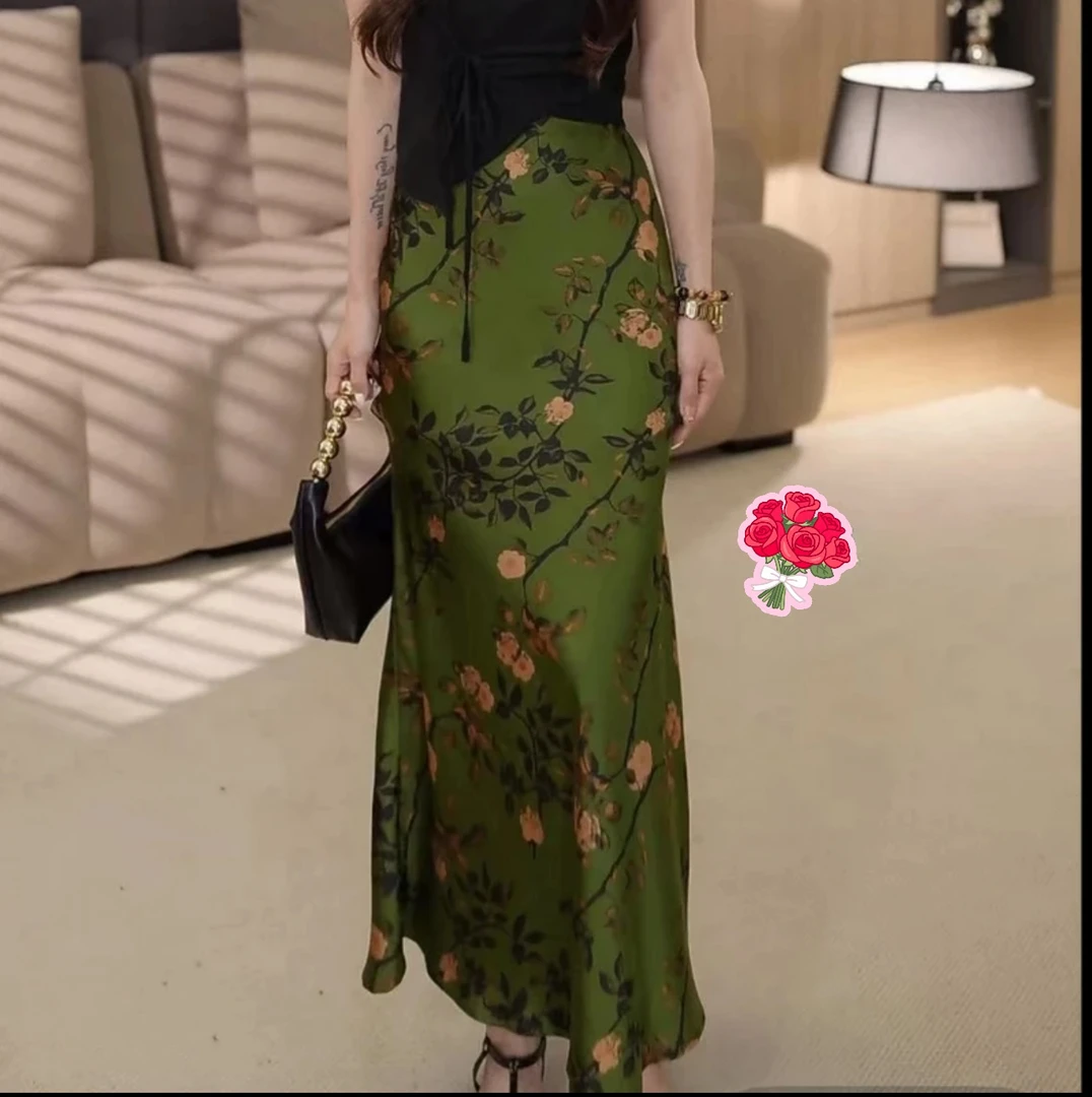 （南风知意）国风印花斜裁优雅中长款高腰显瘦半身裙