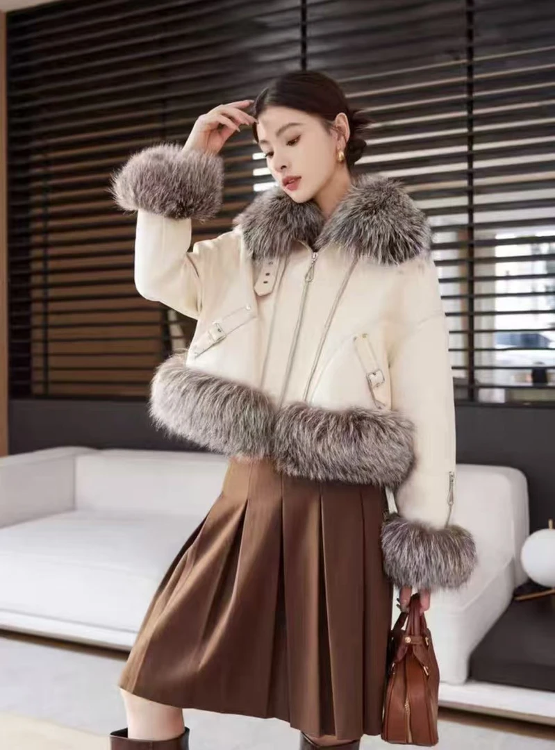 DOUSHEHUI   薄荷轻语狐狸毛麂皮绒皮草服饰外套