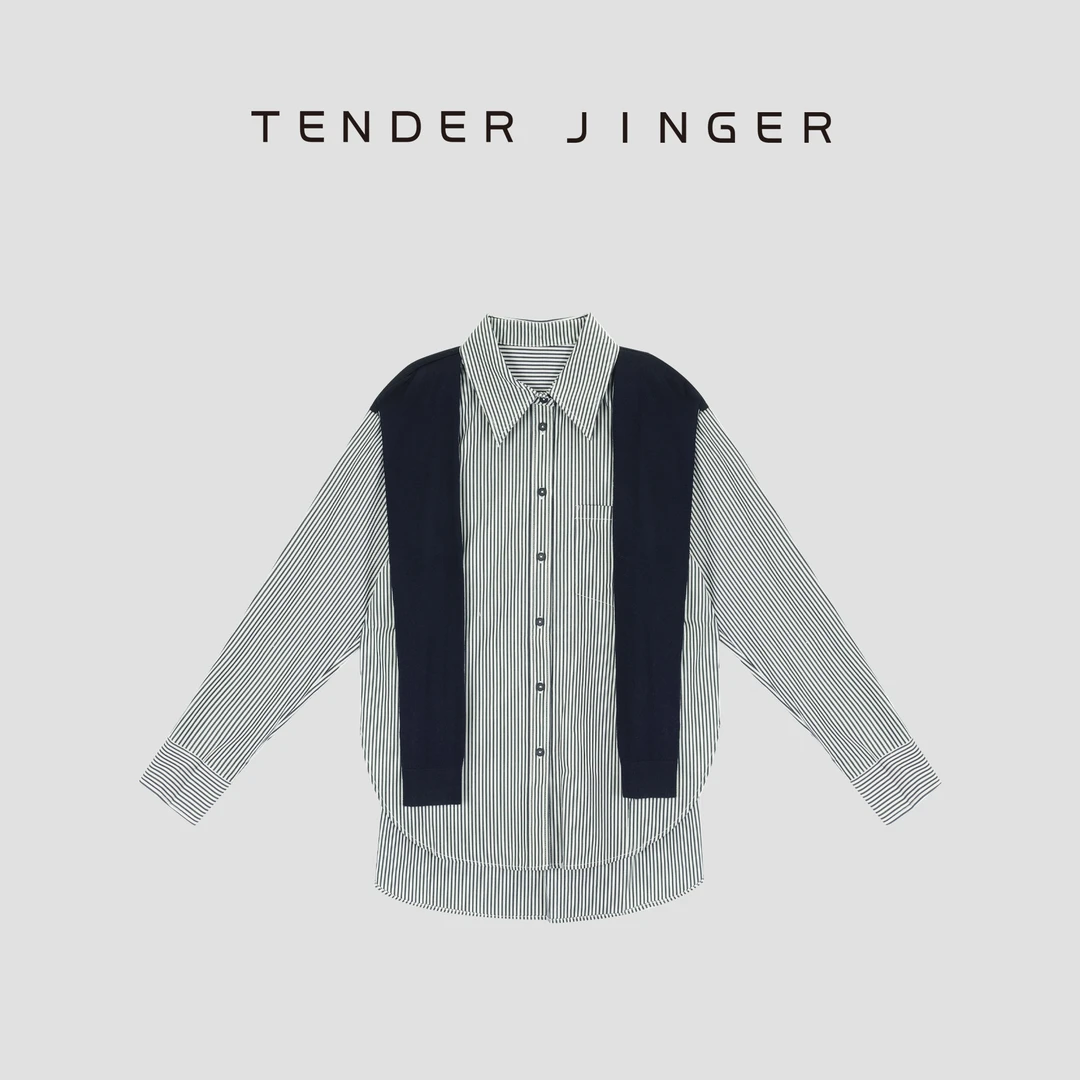 Tender Jinger条纹衬衫长袖翻领带披肩外套T53SZS30739