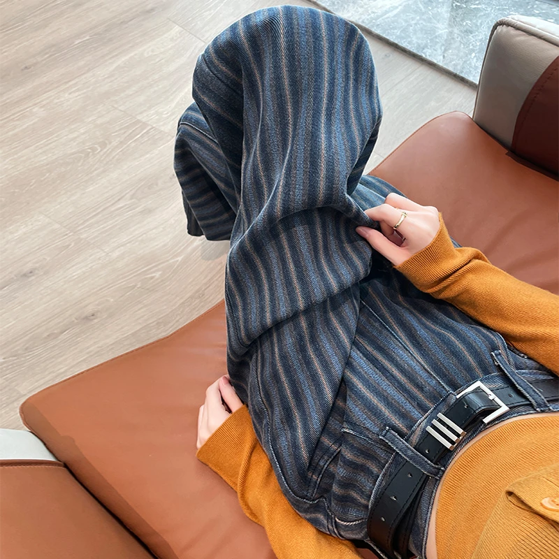 条纹复古气质高腰阔腿牛仔裤女长裤秋冬季新款时髦拽姐休闲长裤子