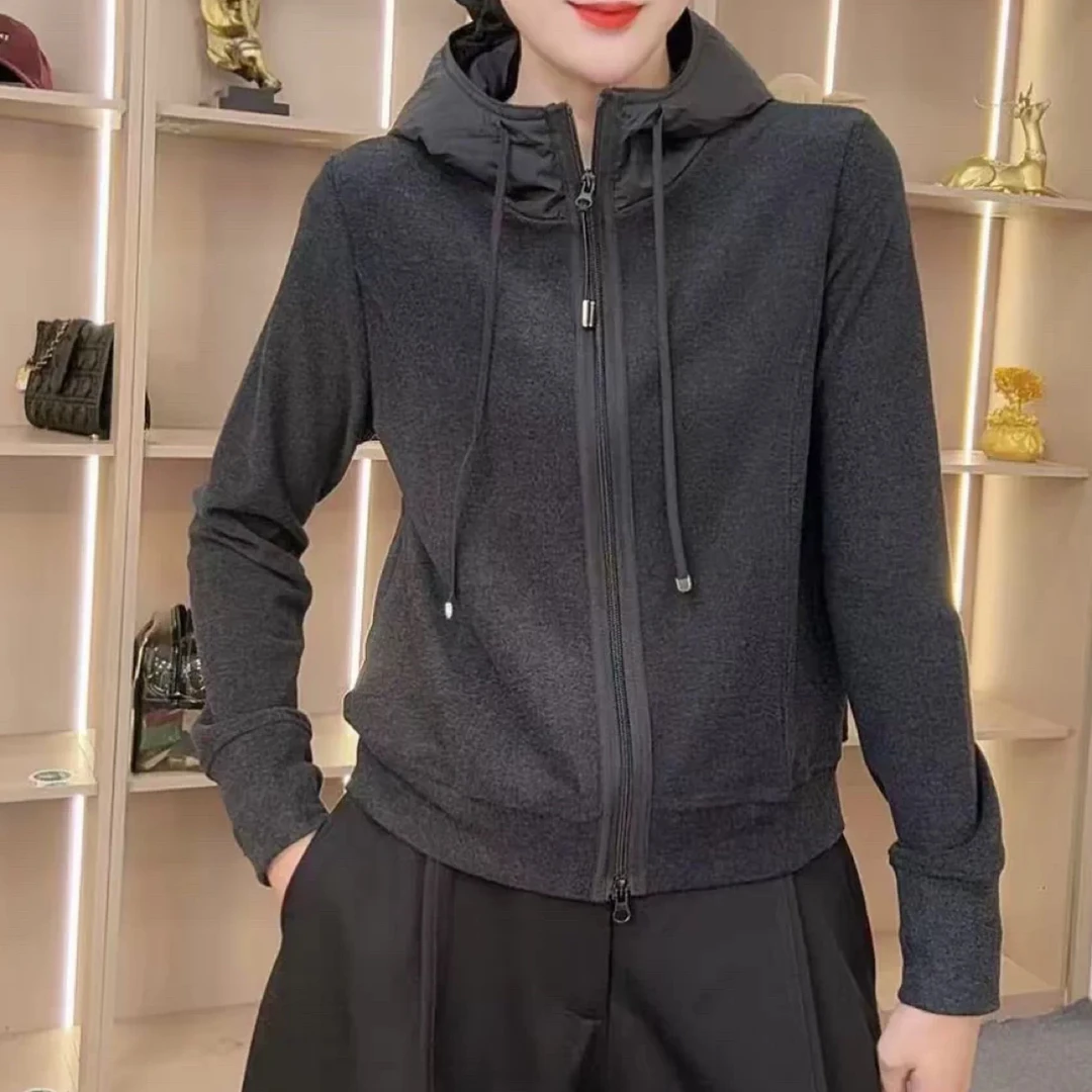 秋冬时尚双面绒连帽抽绳上衣女士长袖设计款百搭保暖外套