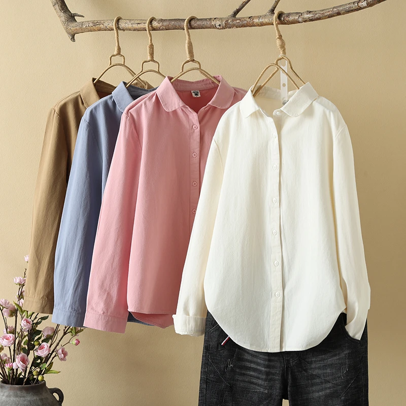 秋冬元宝领磨毛衬衫女长袖宽松韩版2025新品打底内搭衬衣纯色上衣