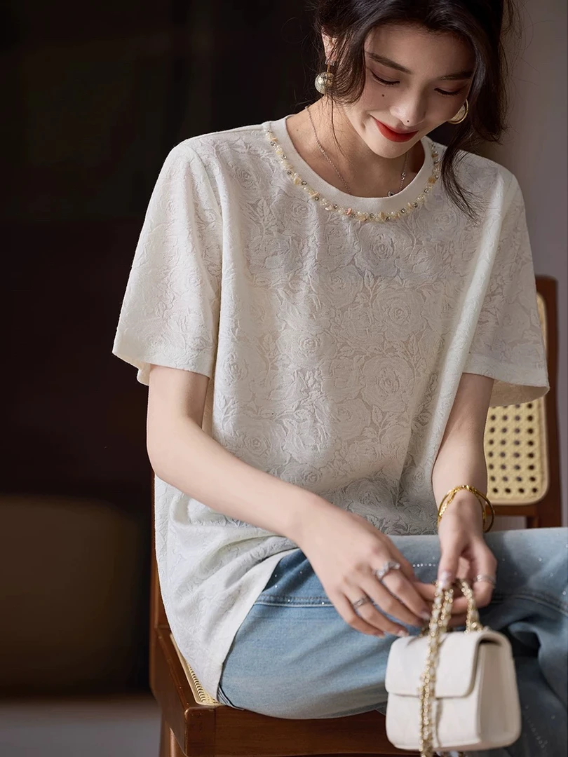 提花钉珠短袖t恤女春季2025新款上衣洋气