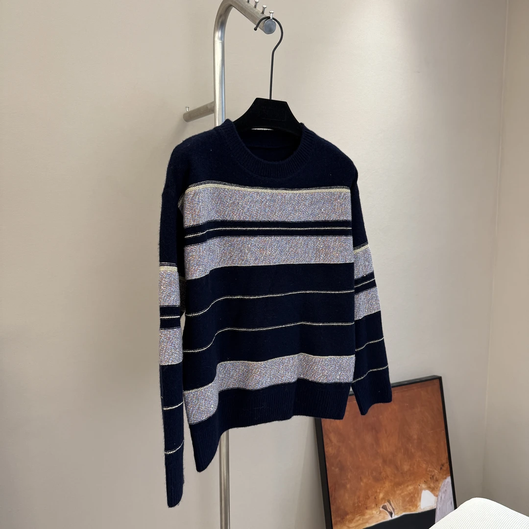 冬季新款撞色金丝条纹休闲毛衣上衣女士