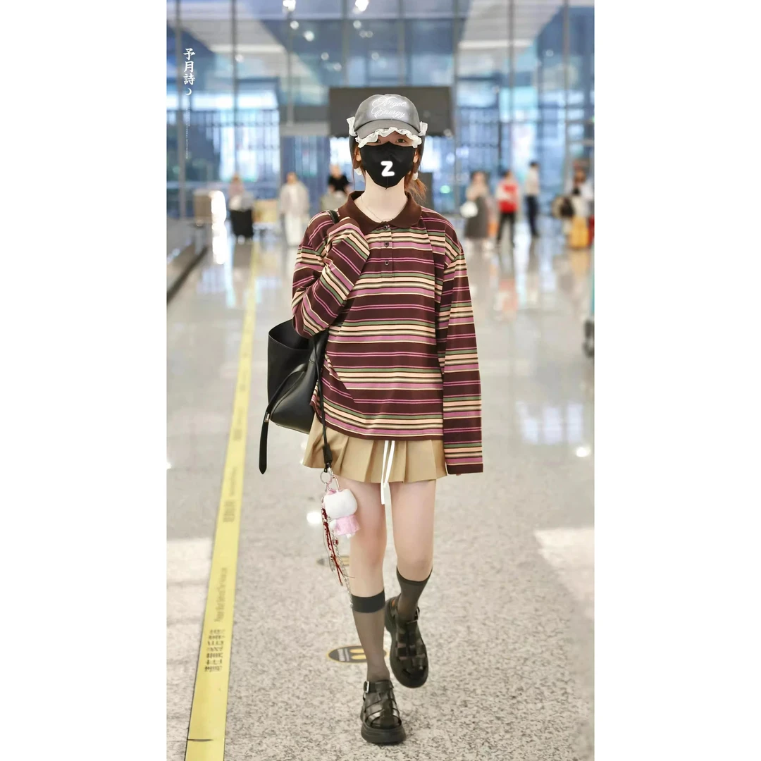 杨超越同款复古撞色polo领条纹长袖T恤女早秋韩版宽松休闲风上衣