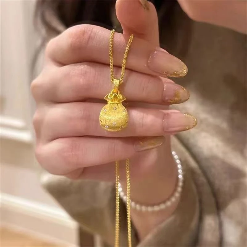 坠链均925银 【妃彤妍】电黄金拉丝镶嵌小福袋金色精致项链轻奢吊坠