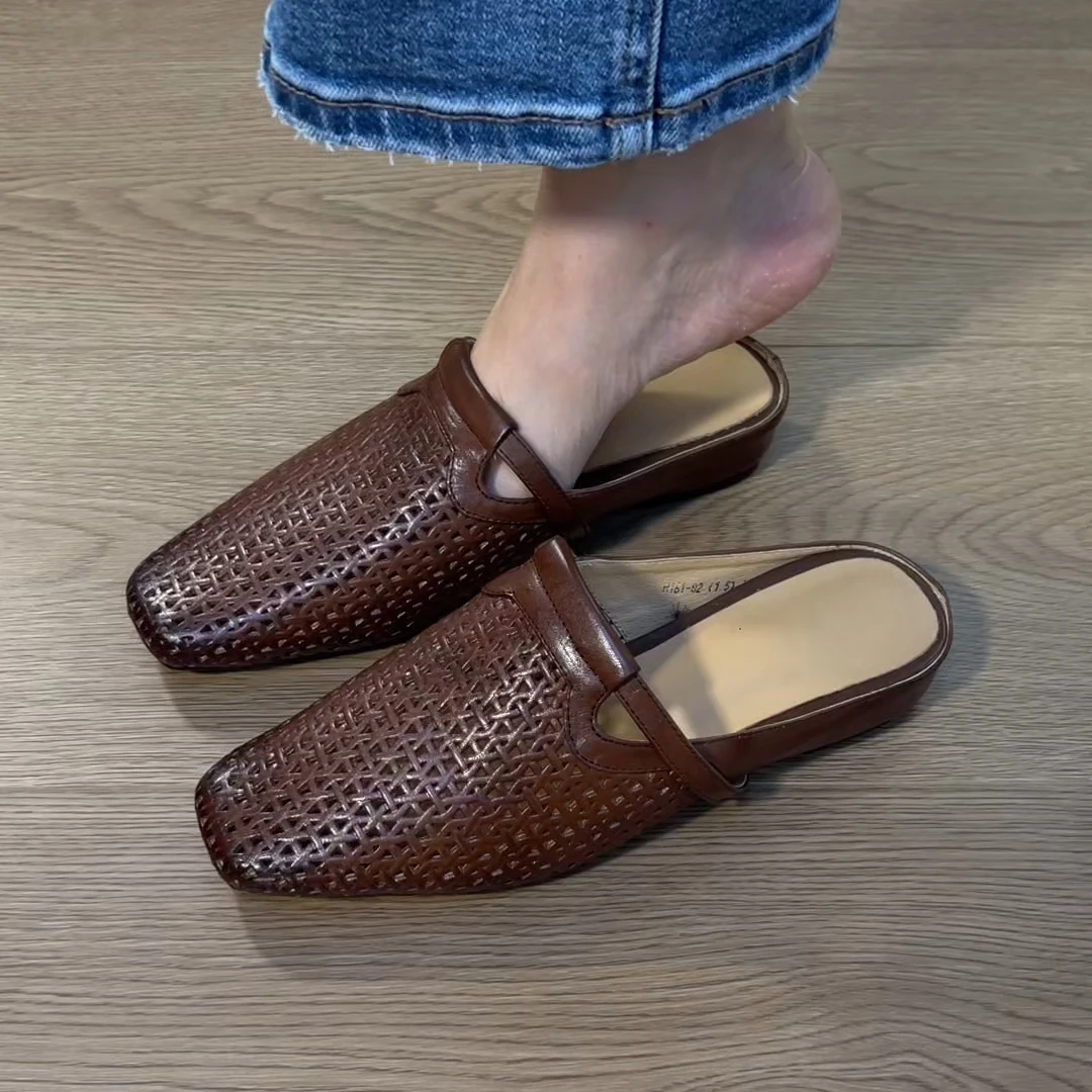 新款夏季简约包头镂空半拖鞋女外穿舒适透气增高2cm方头穆勒拖女