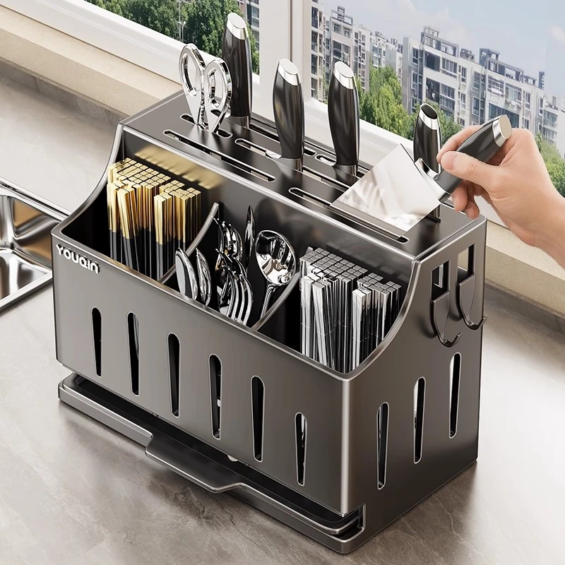 不锈钢厨房刀架置物架新款多功能菜刀具筷子筒筷笼一体收纳盒