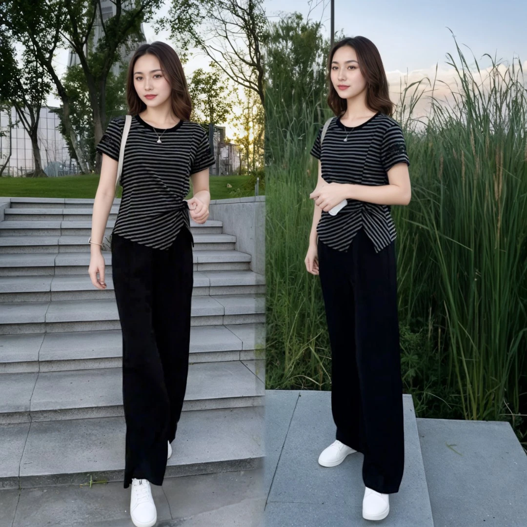 夏装2025超火一整套时尚显瘦条纹不对称短袖T恤直筒阔腿裤两件套