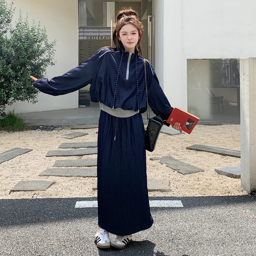 蓝色撞色立领外套半身裙套装两件套女2025春秋新款韩系穿搭一整套