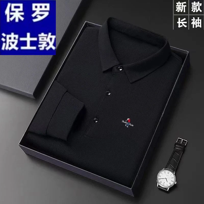 保罗波士敦春秋款男士长袖T恤高档印花翻领polo衫宽松休闲体恤衫