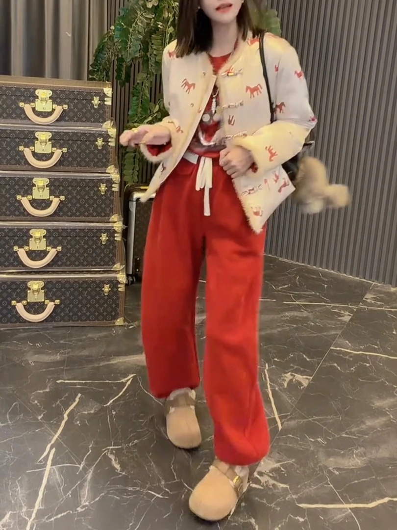 马上有钱马年战袍新中式盘扣双面穿羽绒外套抽绳加绒卫裤喜庆穿搭