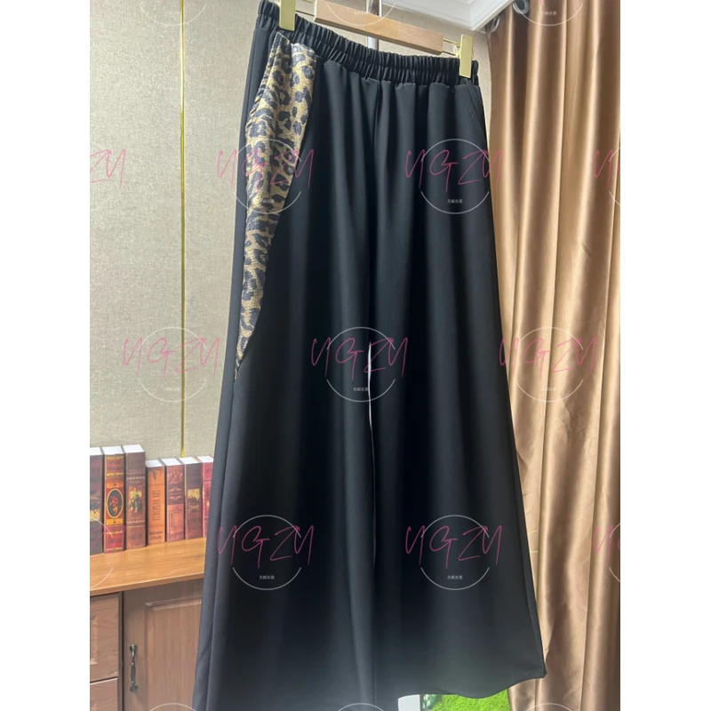 048/黑色刺绣豹纹花边裤子