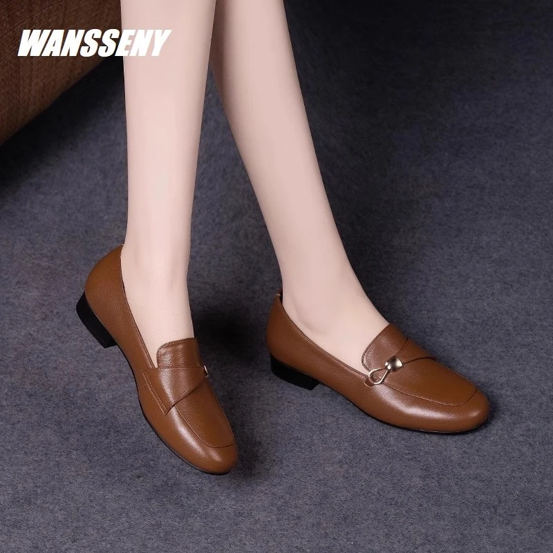 WANSSENY2025年英伦风小皮鞋女舒适软皮平底单鞋低跟真皮乐福鞋女