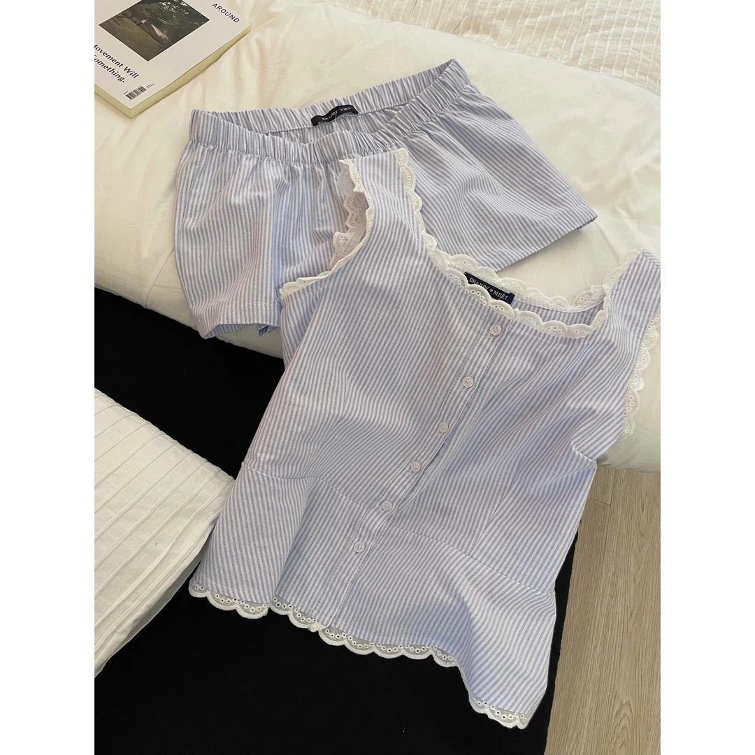 【法式纯欲风】简约条纹背心睡衣女夏季2025新款吊带短裤居家服套装