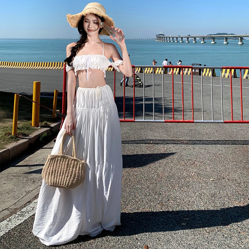 泰国海岛旅行拍照度假风套装白色超仙抹胸吊带上衣半身长裙两件套