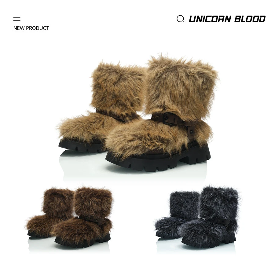 UnicornBlood 冬日暖狐!扣带绒毛渐变挑染毛毛靴保暖雪地靴青