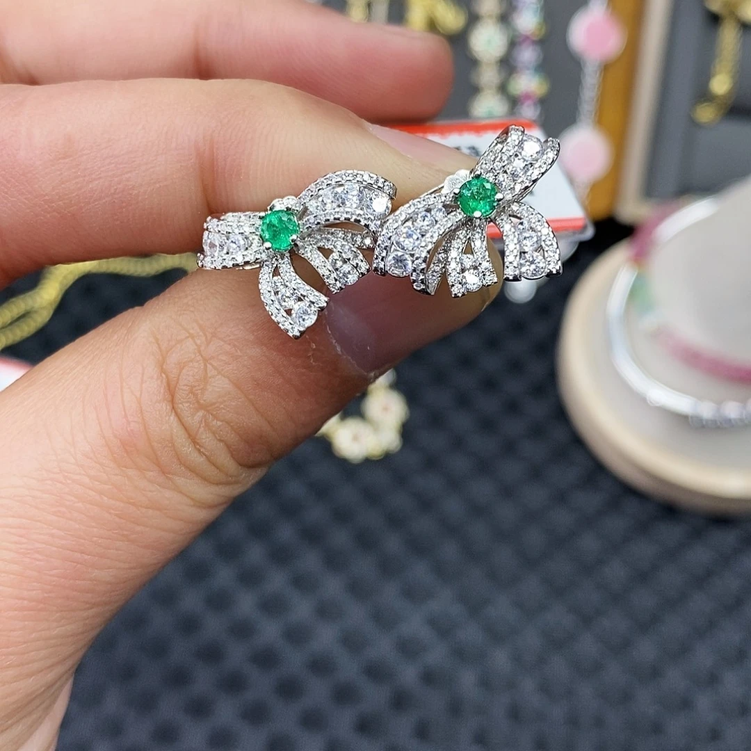 耳饰银S925镶嵌祖母绿