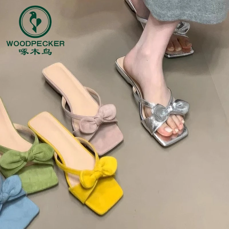 啄木鸟法式蝴蝶结一字拖鞋女夏外穿2025年新款仙女风露趾凉拖鞋女