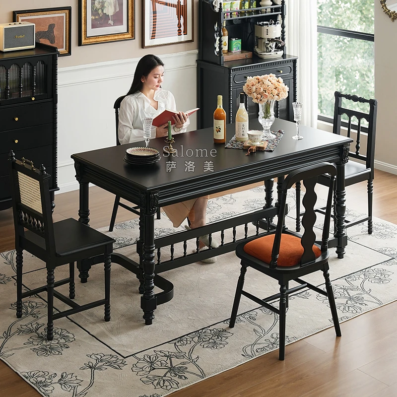 法式黑色实木餐桌家用小户型美式高级感中古风客厅餐厅长方形桌子