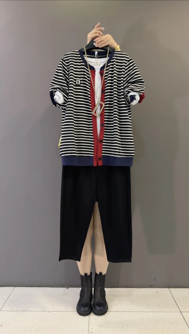 2025早秋新款欧货设计感时尚条纹休闲外套打底衫休闲裤三件套