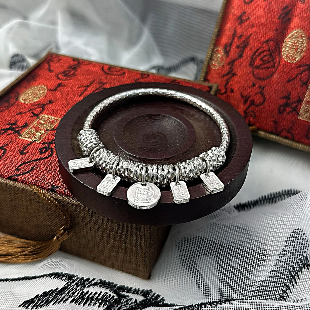 足银手镯 999.9 【S168】45g 手锤纹盘缠隐形开口带挂件手镯百搭