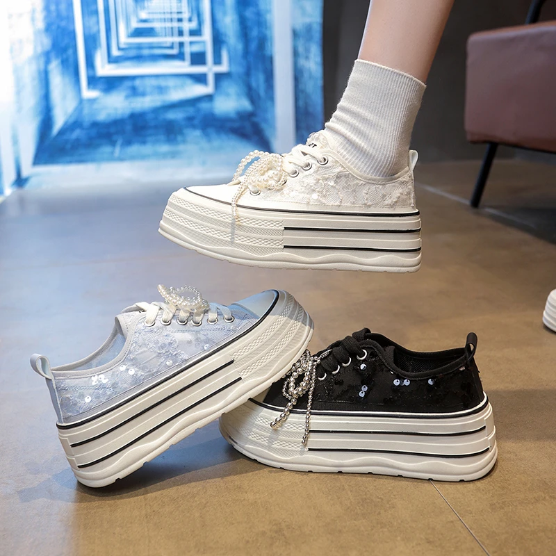 亮片时尚休闲鞋夏季透气蕾丝女鞋百搭小白鞋运动韩版透气 帆布鞋