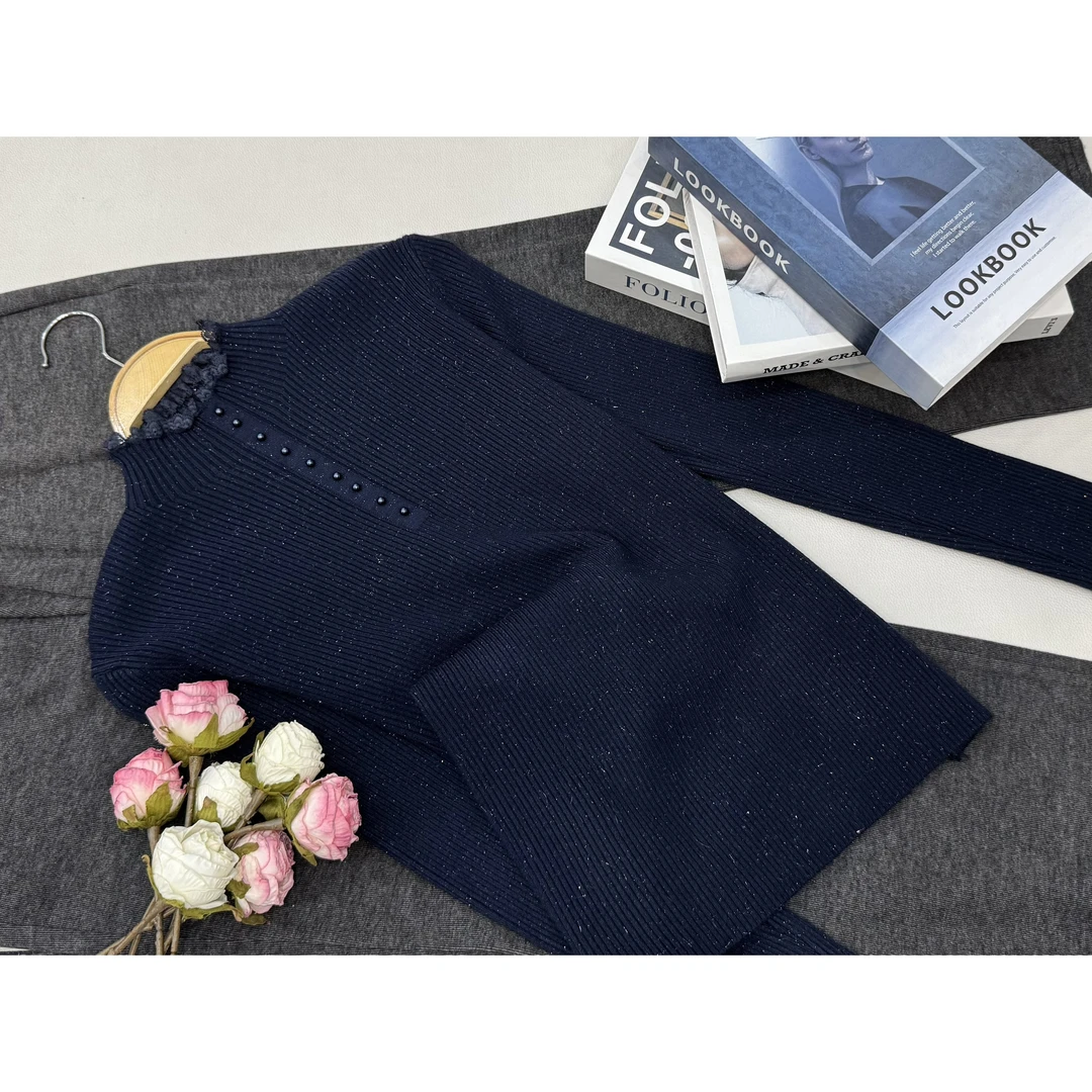 【蕾丝边银丝套头藏蓝】秋冬新款时尚长袖针织上衣QC6039