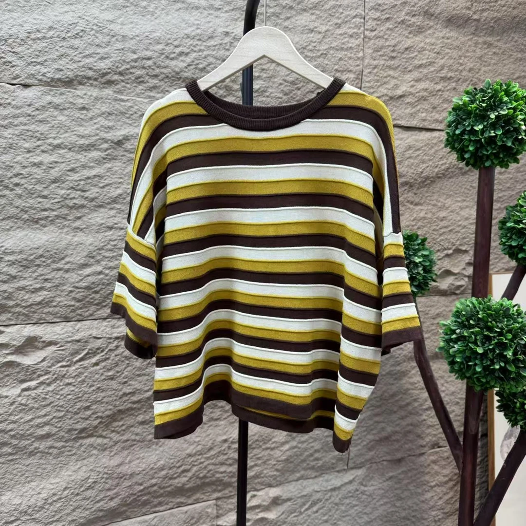 11330新款夏季休闲减龄拼色条纹显瘦短袖T恤