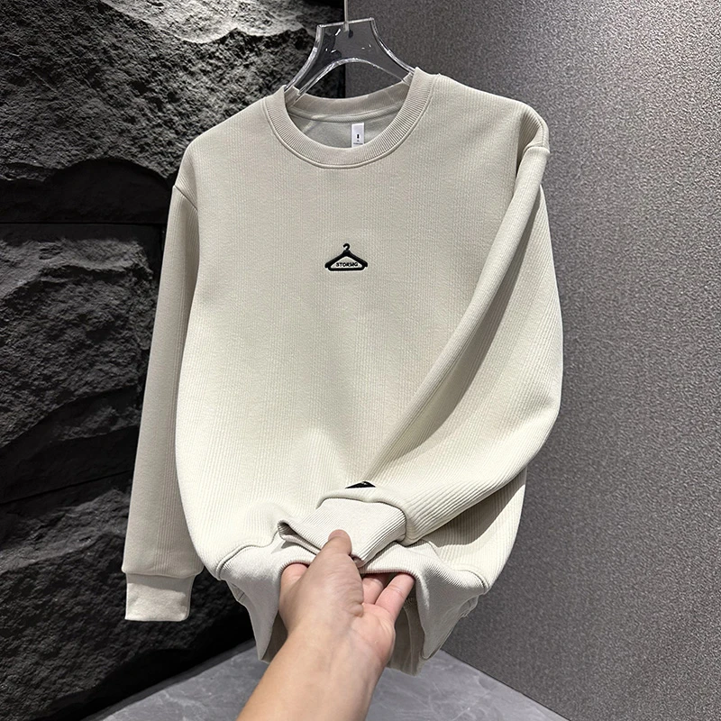 2025秋冬新款加绒保暖百搭纯色男士圆领卫衣潮流宽松时尚休闲上衣