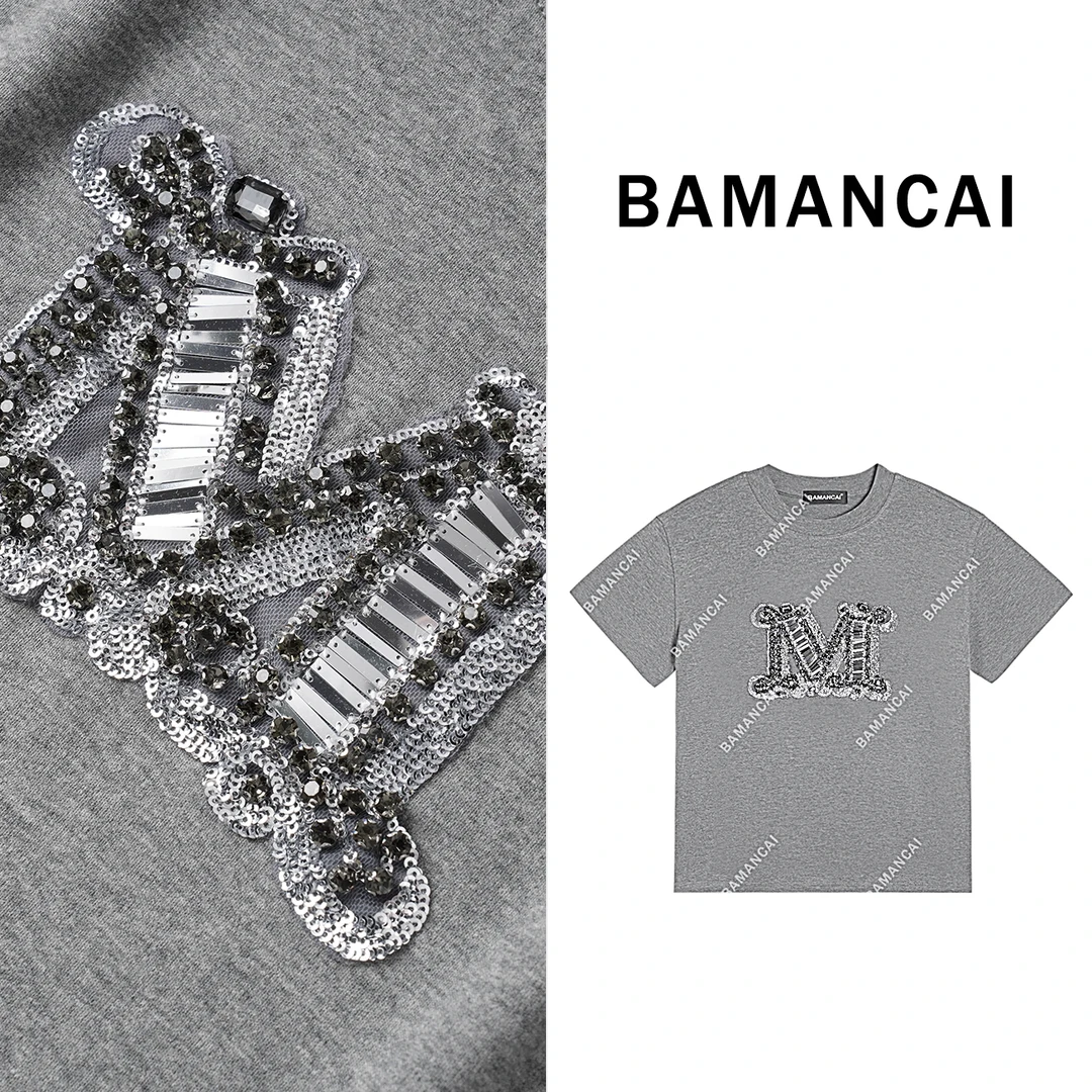 Bamancai-设计感奢华钉钻重工m字珠片刺绣宽松休闲百搭短袖女t恤