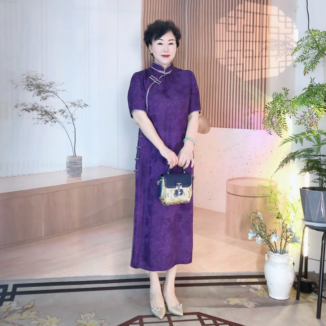 【晴日紫荷】夏季新款大码旗袍喜婆婆喜妈妈婚庆气质高考时尚紫色
