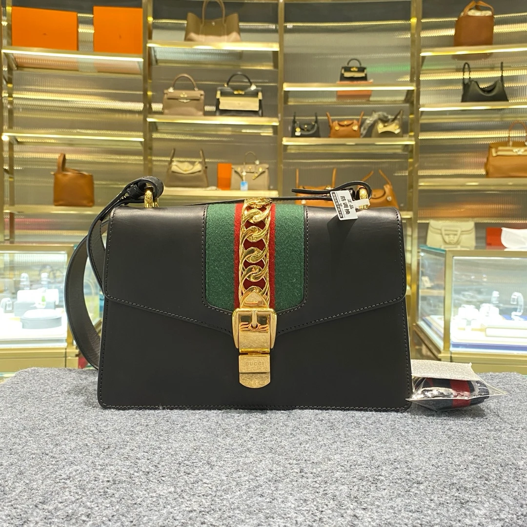 99新 GUCCI/古驰 Sylvie古驰塞尔维亚 黑色 中号丝带包 两条肩带