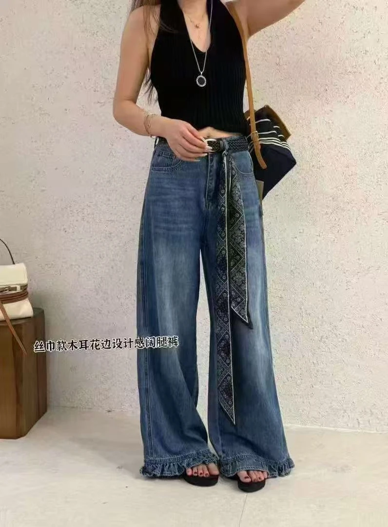 秋季新款大码女裤丝巾款木耳花边设计感阔腿牛仔裤胖mm显瘦遮肉