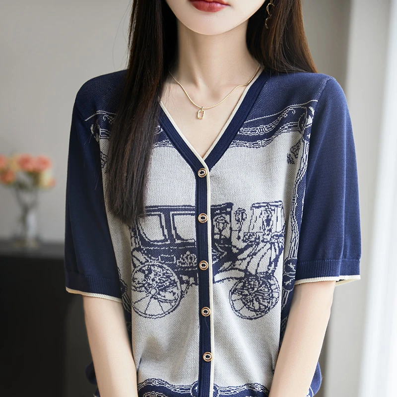 天丝女士25新款夏季V领假开衫设计感时尚显瘦遮肉洋气短袖上衣