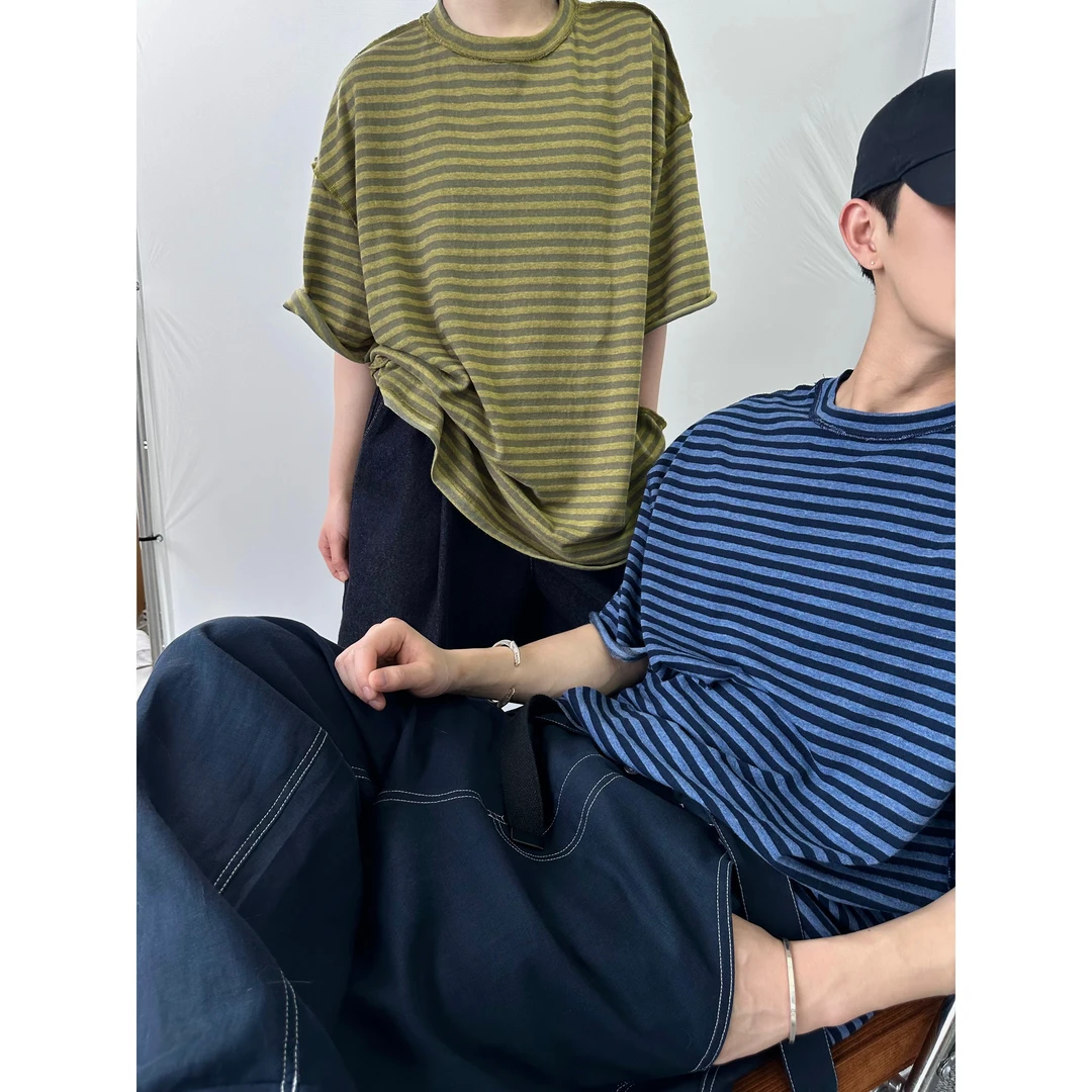 SHAKEAIR少年感毛边反做两面穿条纹短袖T恤 SW758