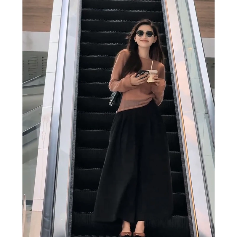 2025早秋新款韩系穿搭圆领修身长袖针织上衣气质高腰显瘦阔腿长裤