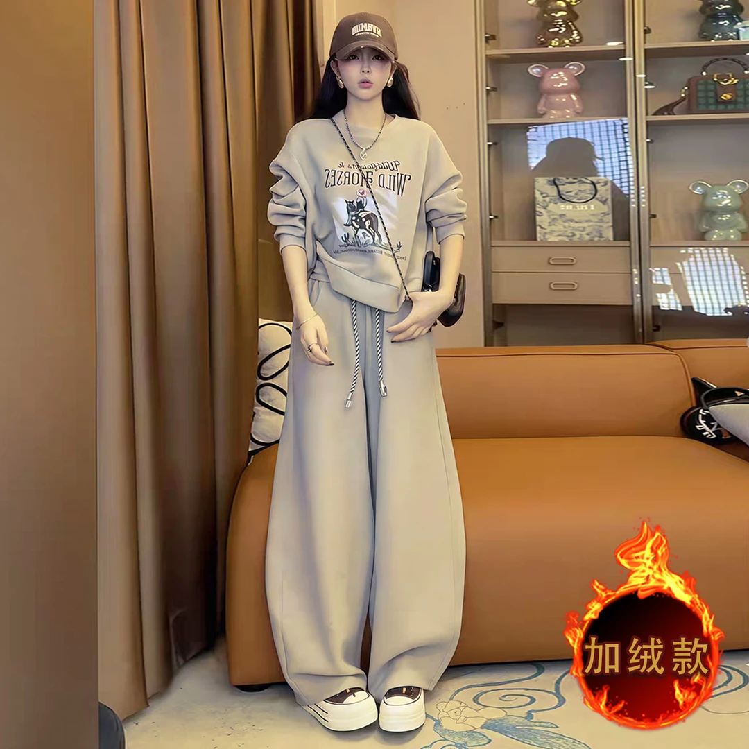 潮流时尚百搭套装女冬新款时髦显瘦圆领印花长袖卫衣阔腿裤两件套