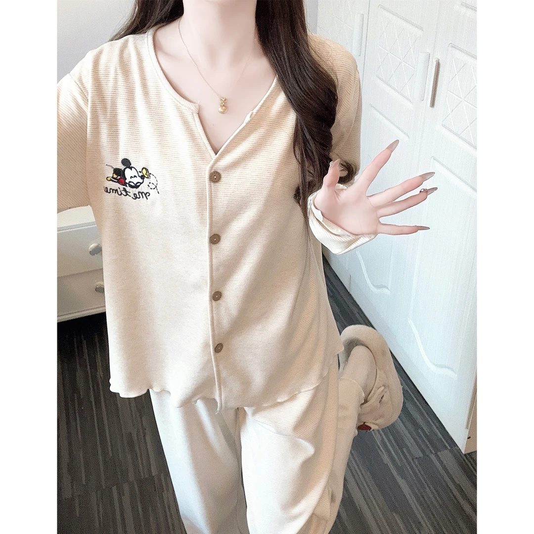 韩系睡衣女卡通保暖薄绒秋冬季新款加厚可外穿开衫少女家居服套装