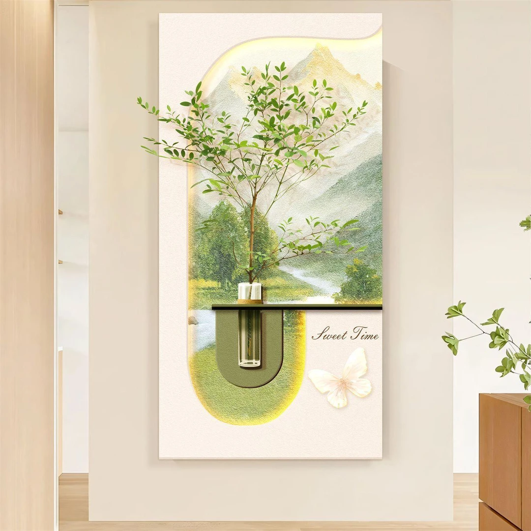 耐磨】玄关客厅奶油装饰画水培绿植晶瓷灯光挂画入户创意中式壁画