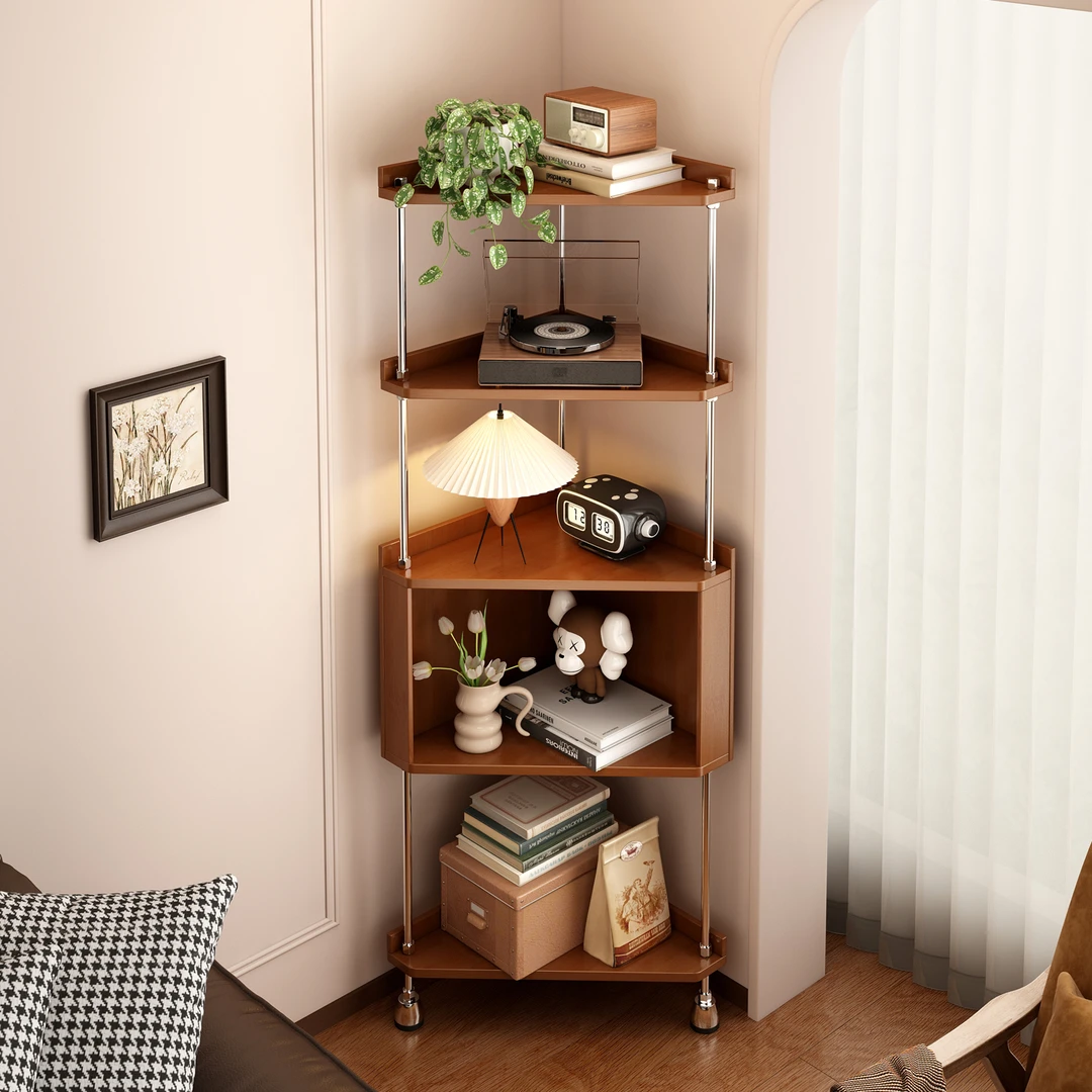 中古风实木转角置物架墙角收纳柜三角展示柜客厅多功能复古拐角柜