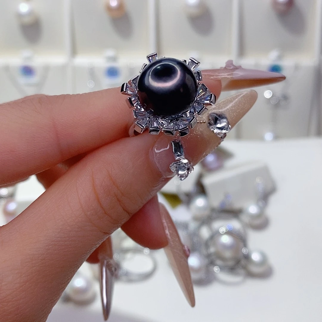 开***阳海水珍珠戒圈银S925镶嵌12➕