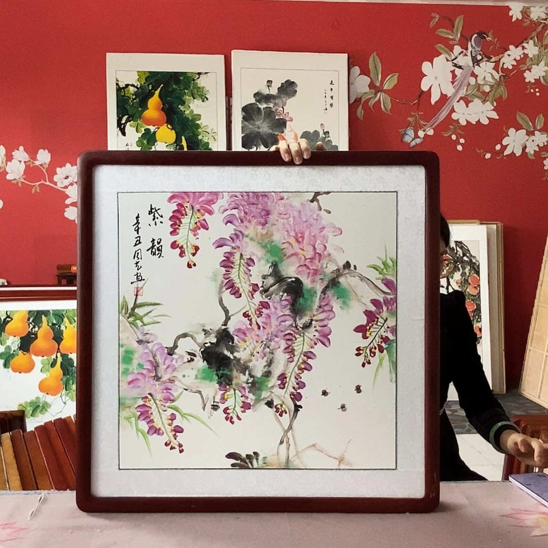 国画手写手绘国画作品带框包邮62✖️62