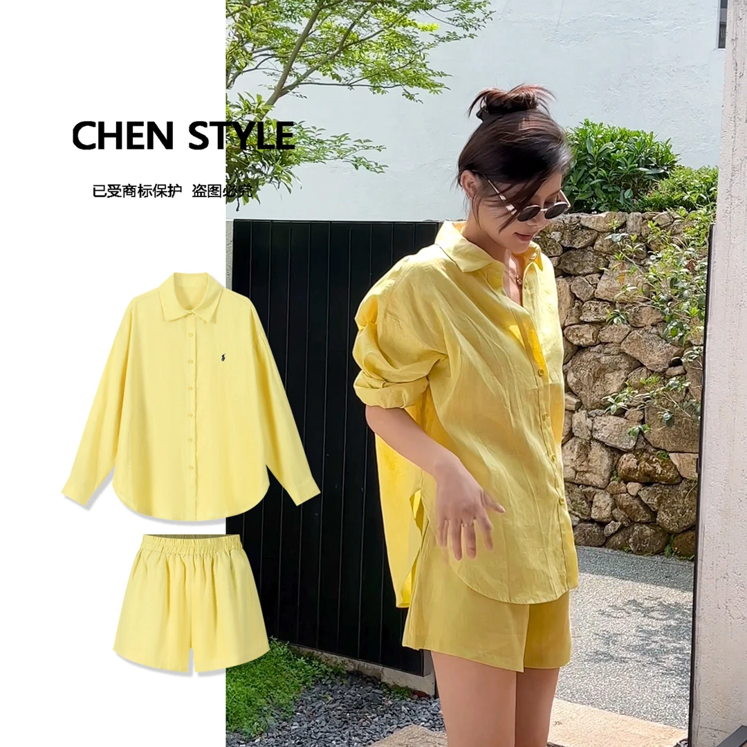 楚楚君【轻氧假日】小马刺绣衬衫+休闲短裤套装TZ88142