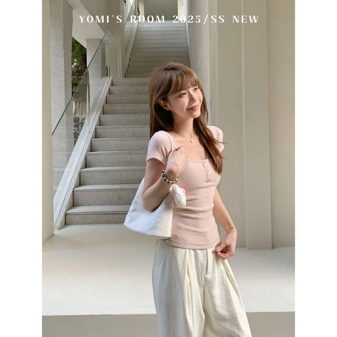 YOMI小个子【天鹅颈】正肩显瘦百搭休闲短袖T恤针织上衣女夏